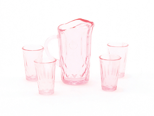 Dollhouse Miniature Pitcher W/4 Glasses, Pink
